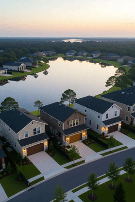 Aerial view of the neighborhood at dusk, homes along a lake and tree-lined horizon